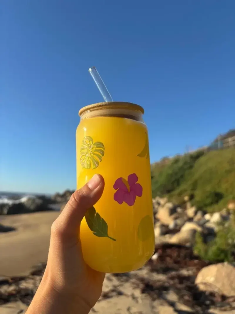 vaso ilustrado vidrio bambu tropical vibes